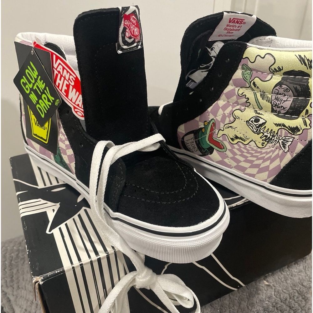 detailed glow-in-the-dark Disney Vans Sk8-Hi feature Sally whipping up a potion.